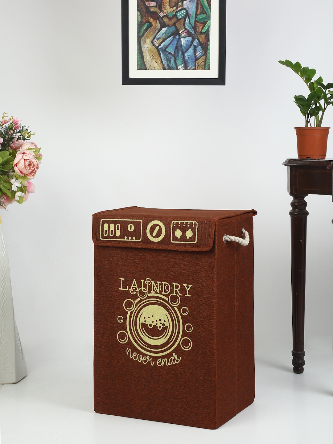 

HOSTA HOMES Brown & Cream-Color Printed Foldable Laundry Hamper