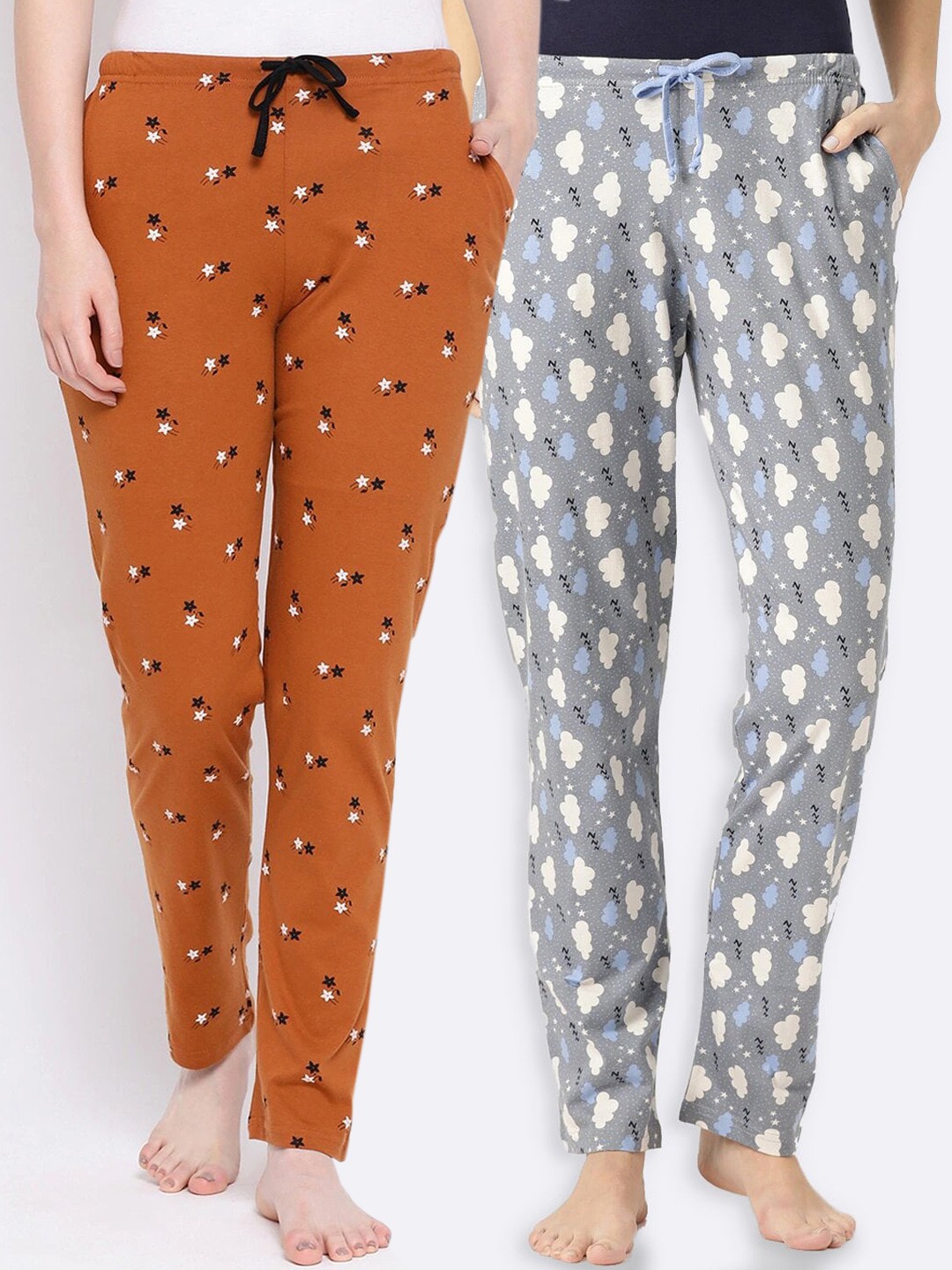 

Kanvin Women Pack Of 2 Rust Brown & Grey Printed Lounge Pants