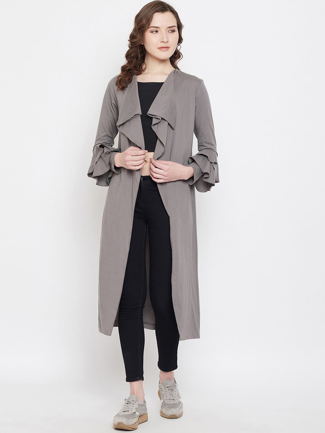 

Hypernation Women Grey Solid Cotton Open Front Shrug