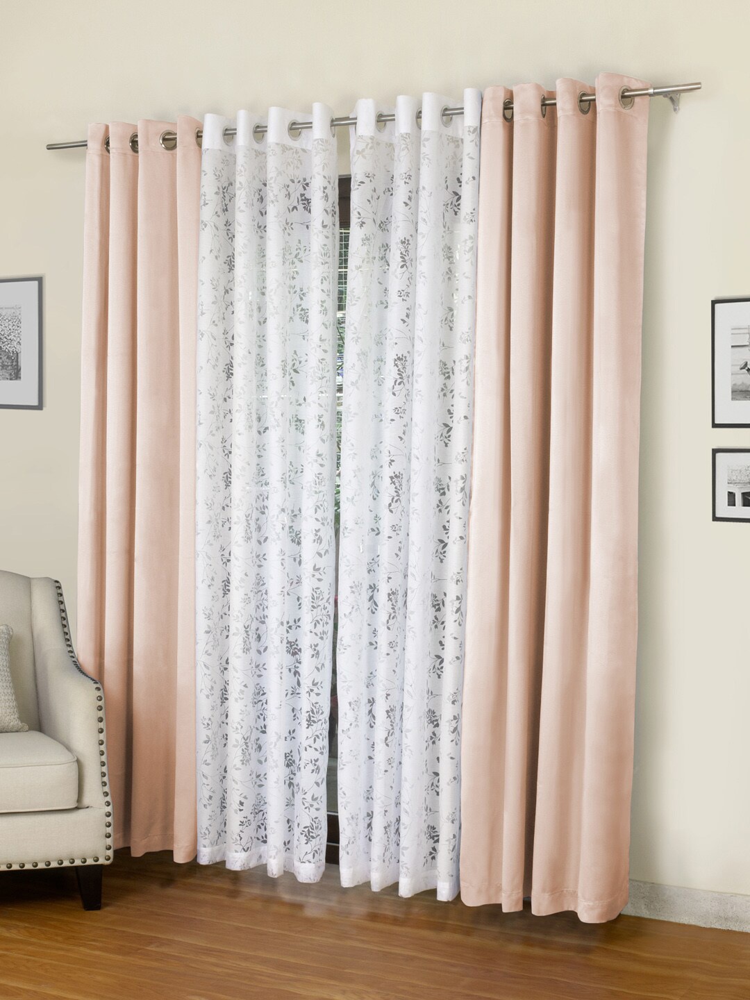 

ROSARA HOME Peach-Coloured & White Set of 4 Eyelet Black Out & Sheer Long Door Curtains
