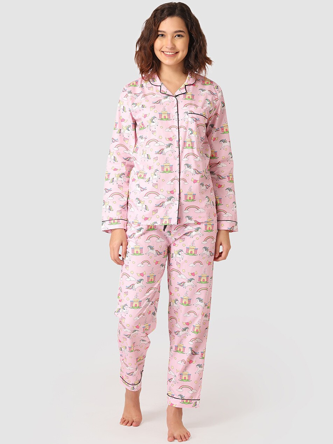 

Fluffalump Women Pink & Yellow Unicorn Printed Night suit