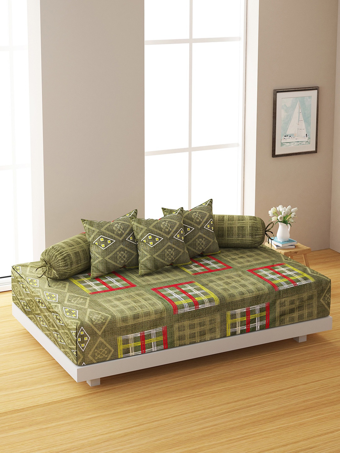 

SWAYAM Set Of 6 Green & Red Printed 144 TC Bedsheet With Bolster & Cushion Covers