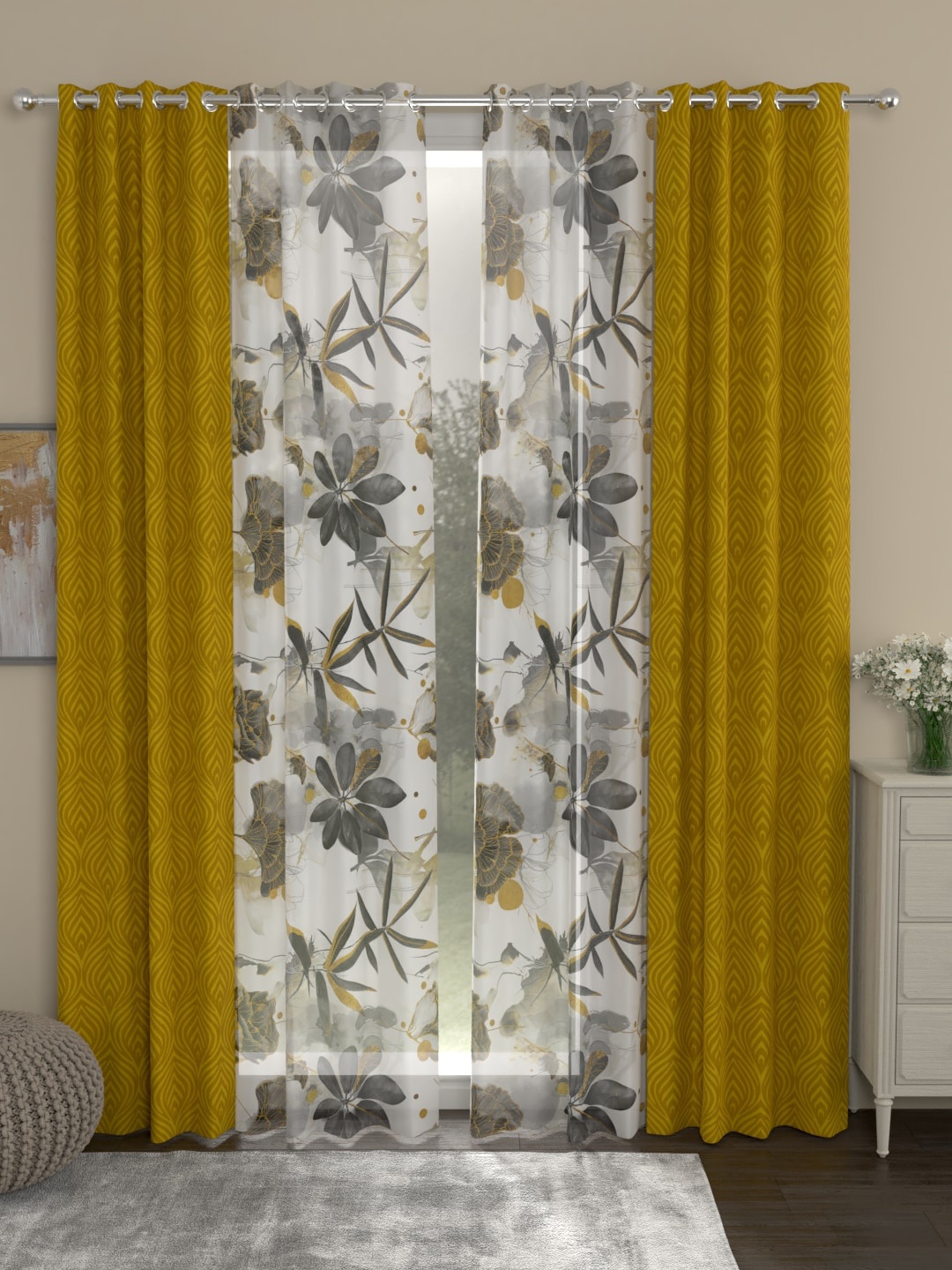 

ROSARA HOME Gold & White Set of 4 Eyelet Long Long Door Curtains