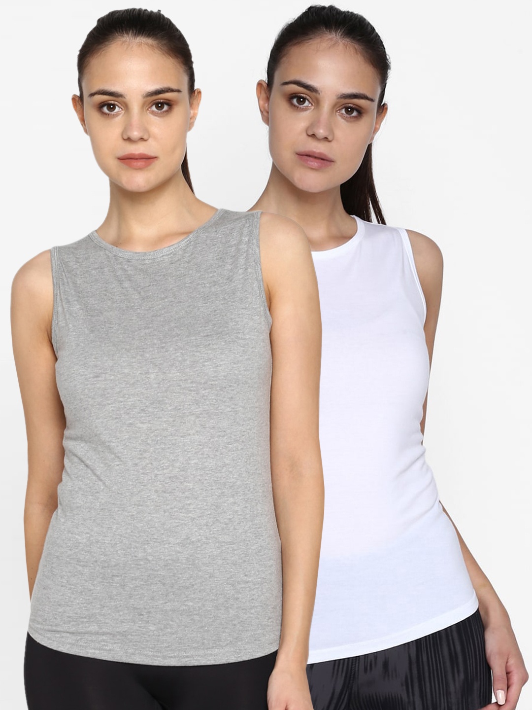 

appulse Women Grey & White Set of 2 Solid Round Neck T-shirt