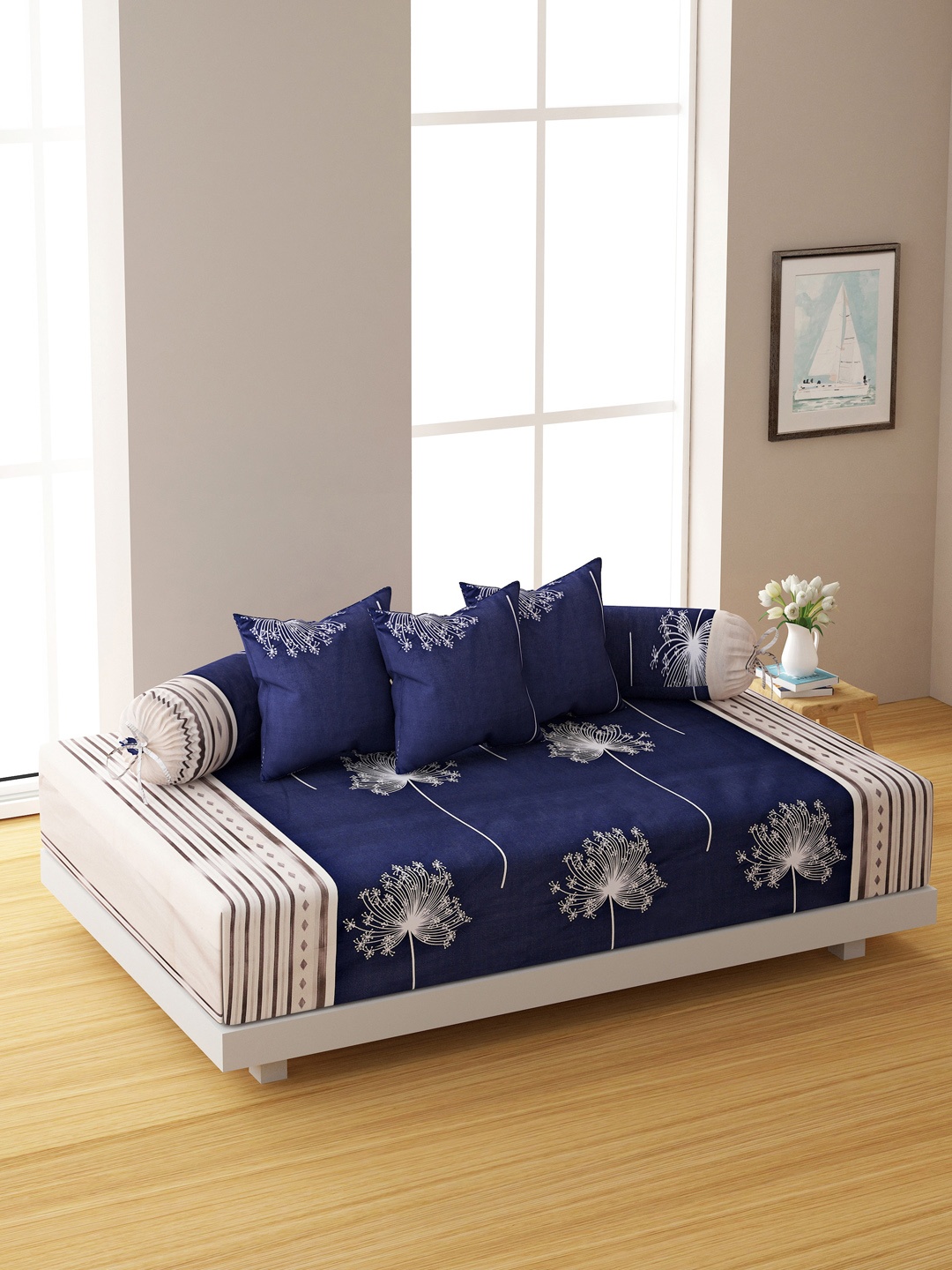 

SWAYAM Set Of 6 Blue & Beige Printed 200 TC Bedsheet With Bolster & Cushion Covers, Navy blue