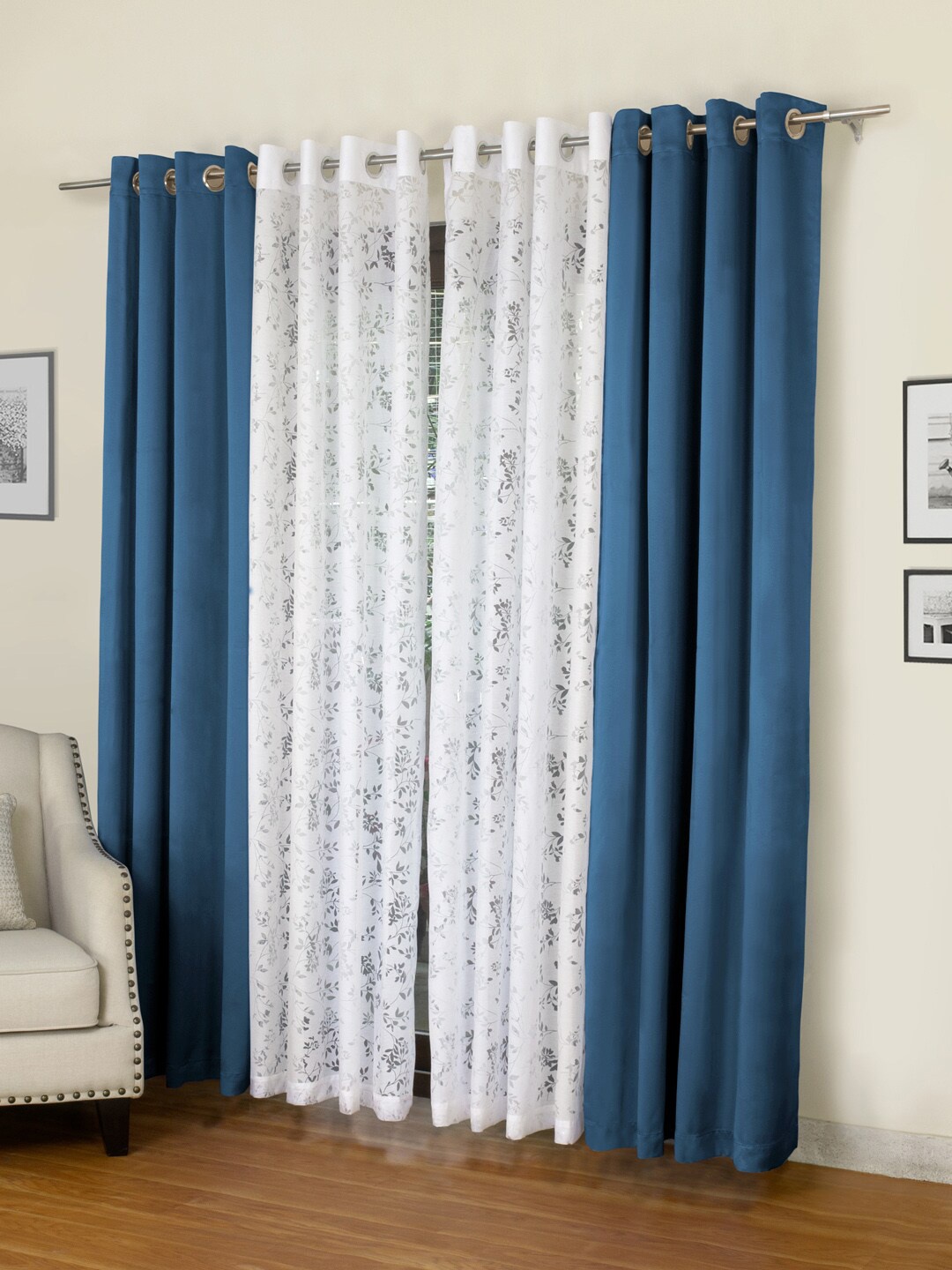 

ROSARA HOME Blue & White Set of 4 Long Door Curtains