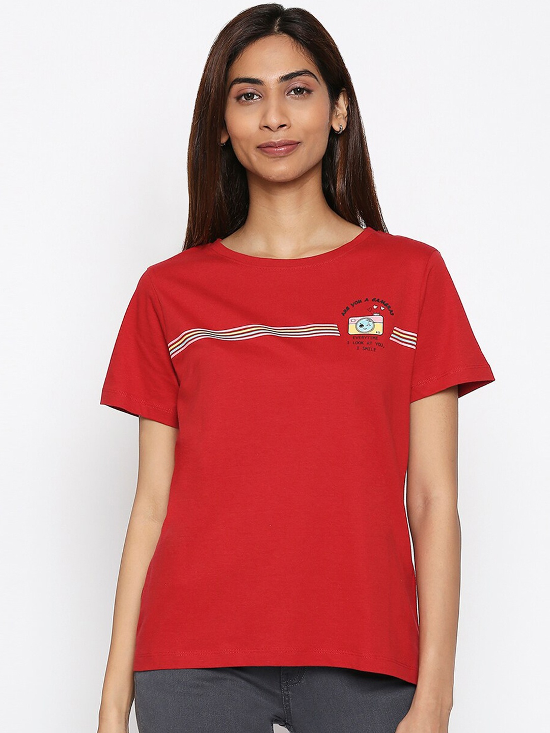 

People Women Red Printed Round Neck T-shirt