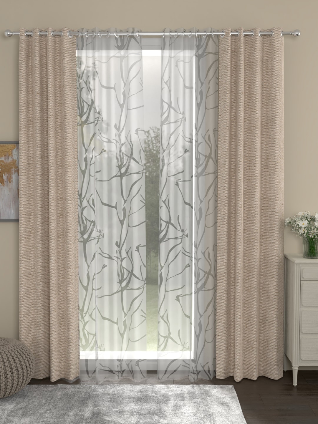 

ROSARA HOME Beige & White Set of 4 Long Door Curtains