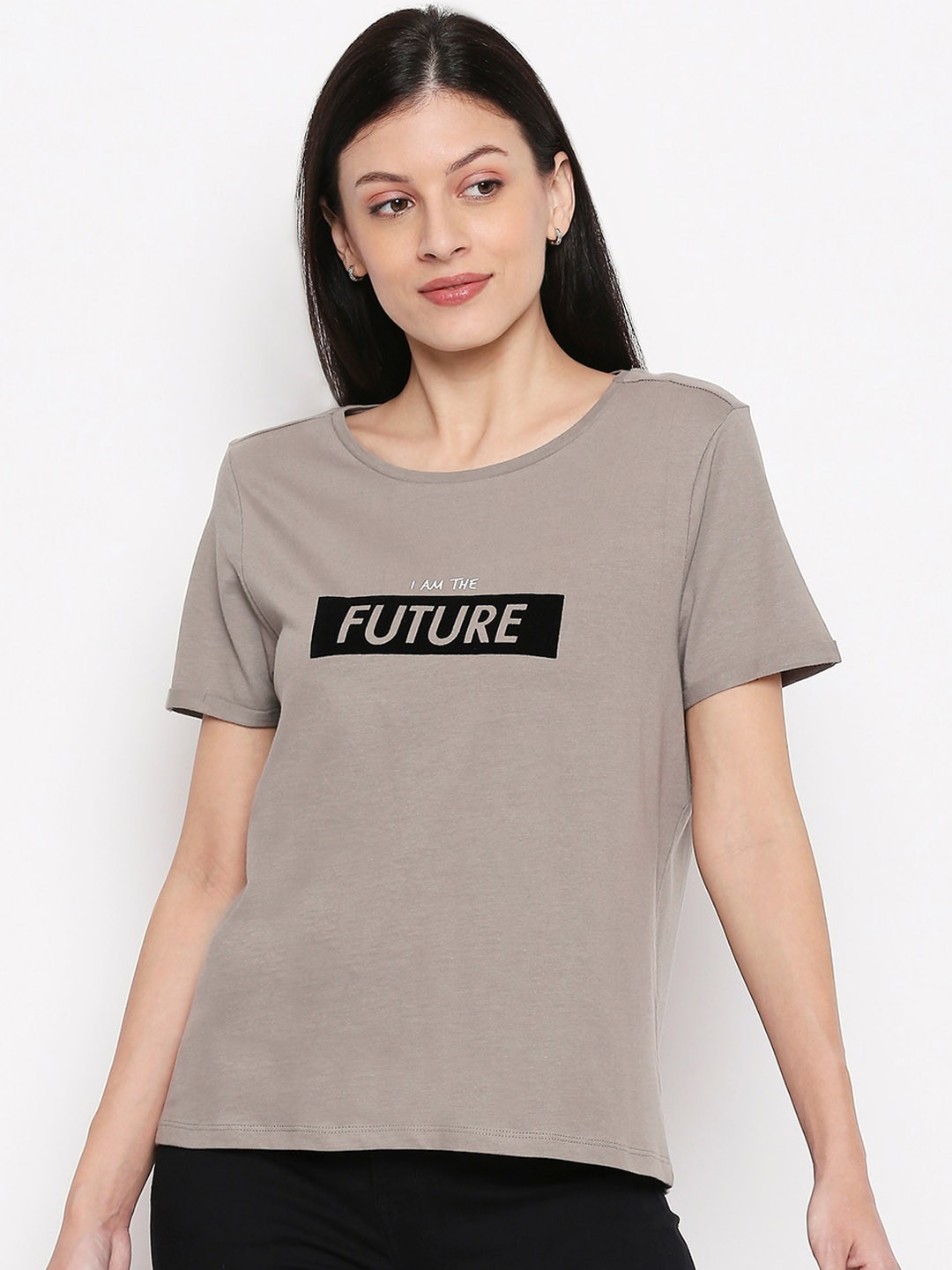 

People Women Grey Printed Round Neck T-shirt