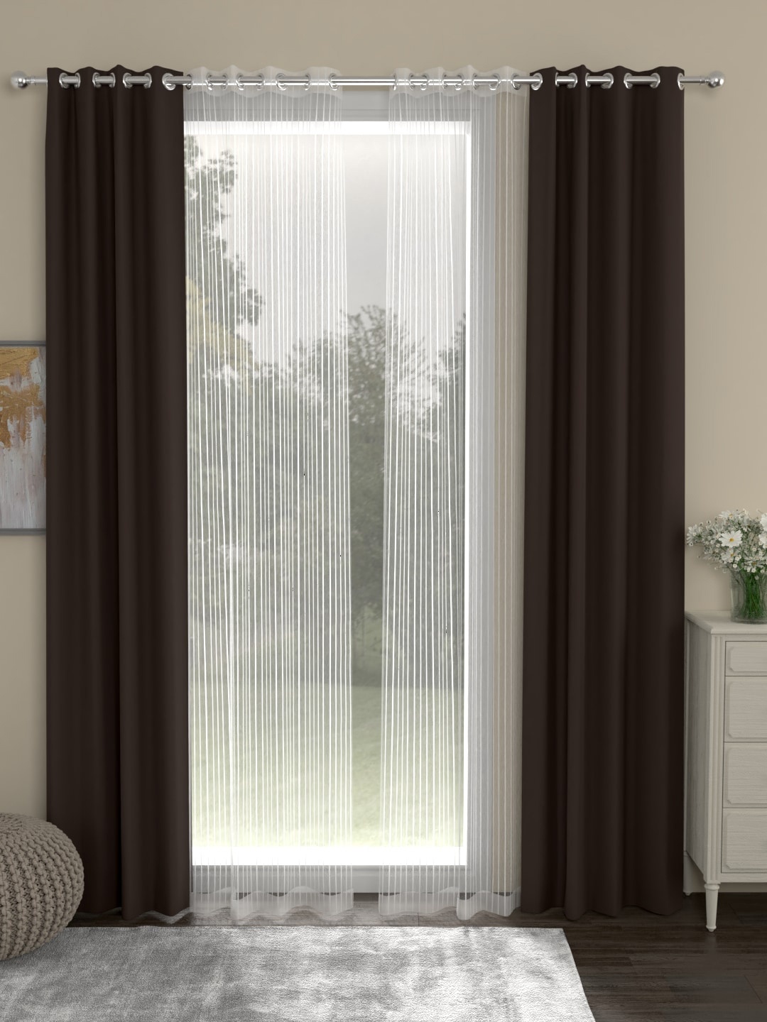 

ROSARA HOME Coffee Brown & White Set of 4 Black Out and Sheer Curtains