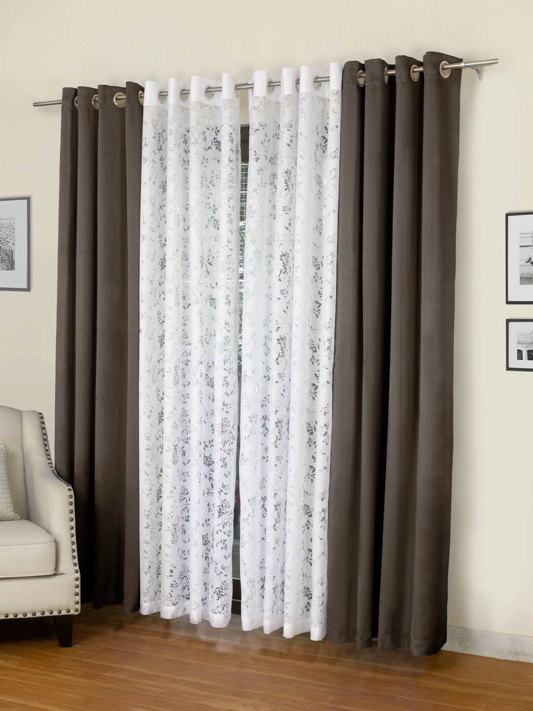 

ROSARA HOME Coffee Brown & White Set of 4 Long Door Curtains