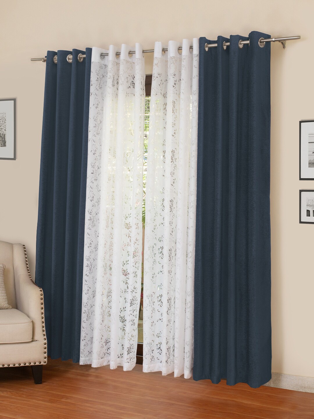 

ROSARA HOME Set Of 4 Navy Blue & White Long Door Curtains