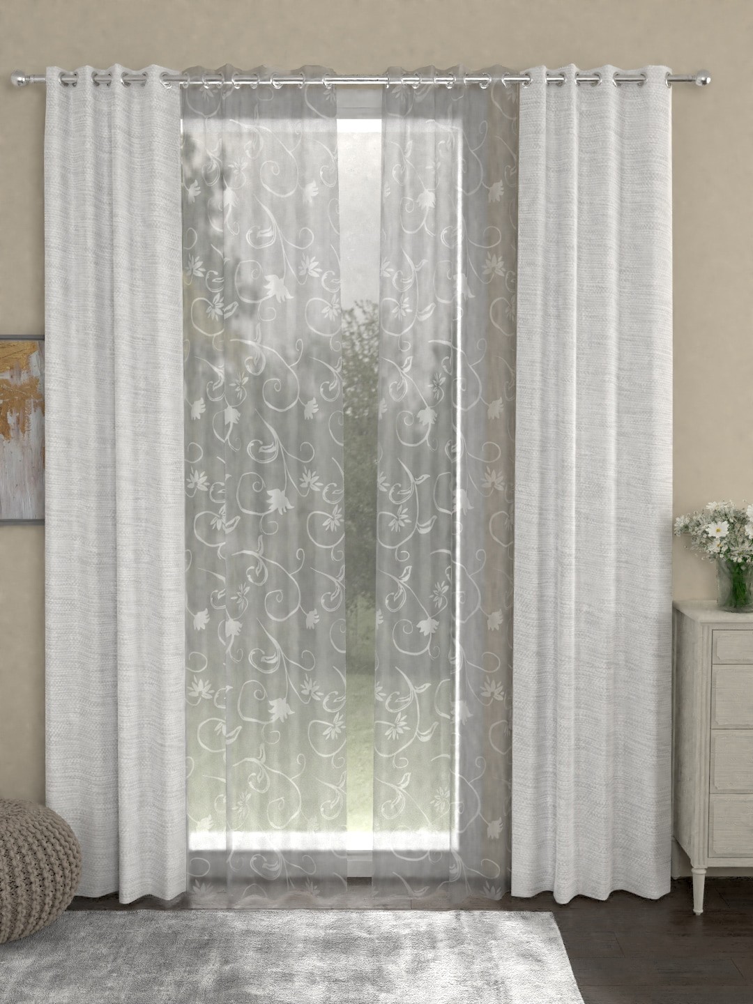 

ROSARA HOME White & Grey Set of 4 Eyelet Regular & Sheer Long Door Curtains