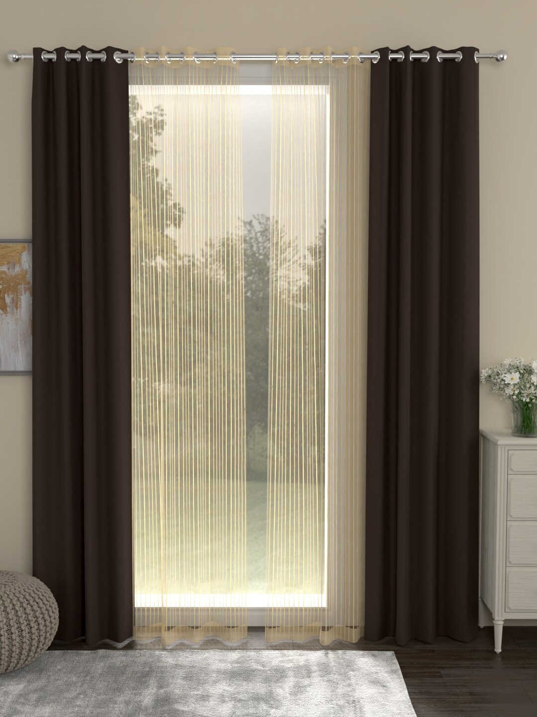 

ROSARA HOME Coffee Brown & Yellow Set of 4 Regular & Sheer Long Door Curtains