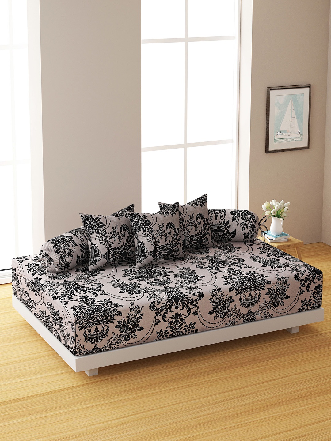 

SwayamSparkle Set of 6 Black 144TC Cotton Diwan Set with Cushion & Bolster Covers, Grey