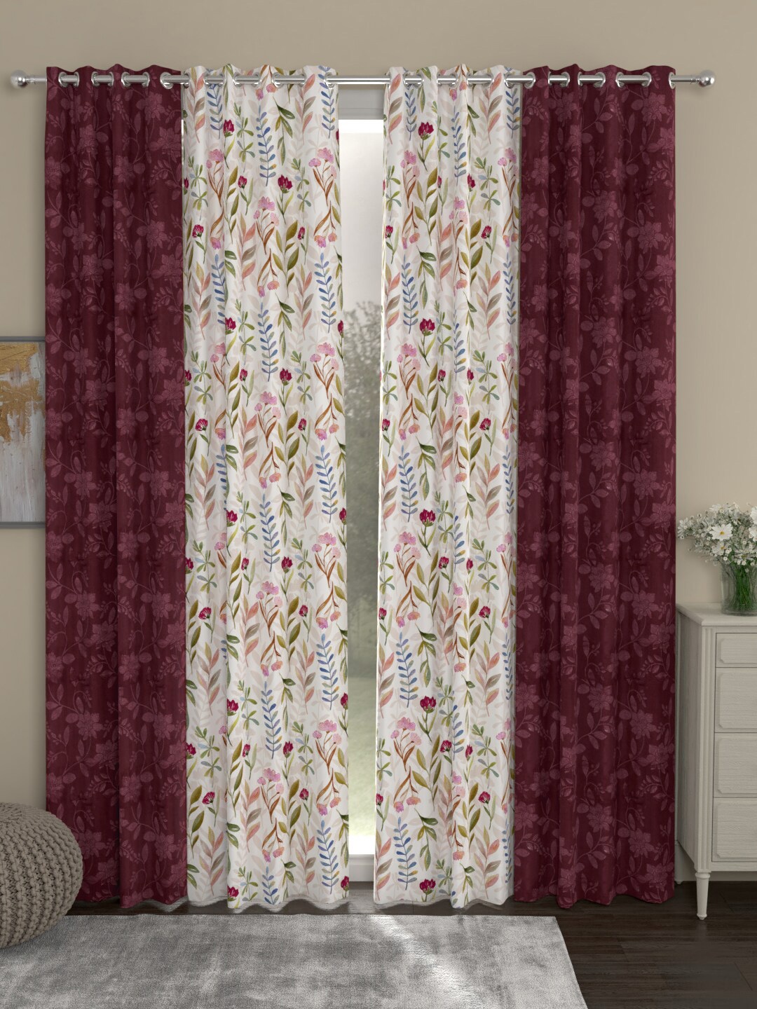 

ROSARA HOME Maroon & White Set of 4 Long Door Curtains