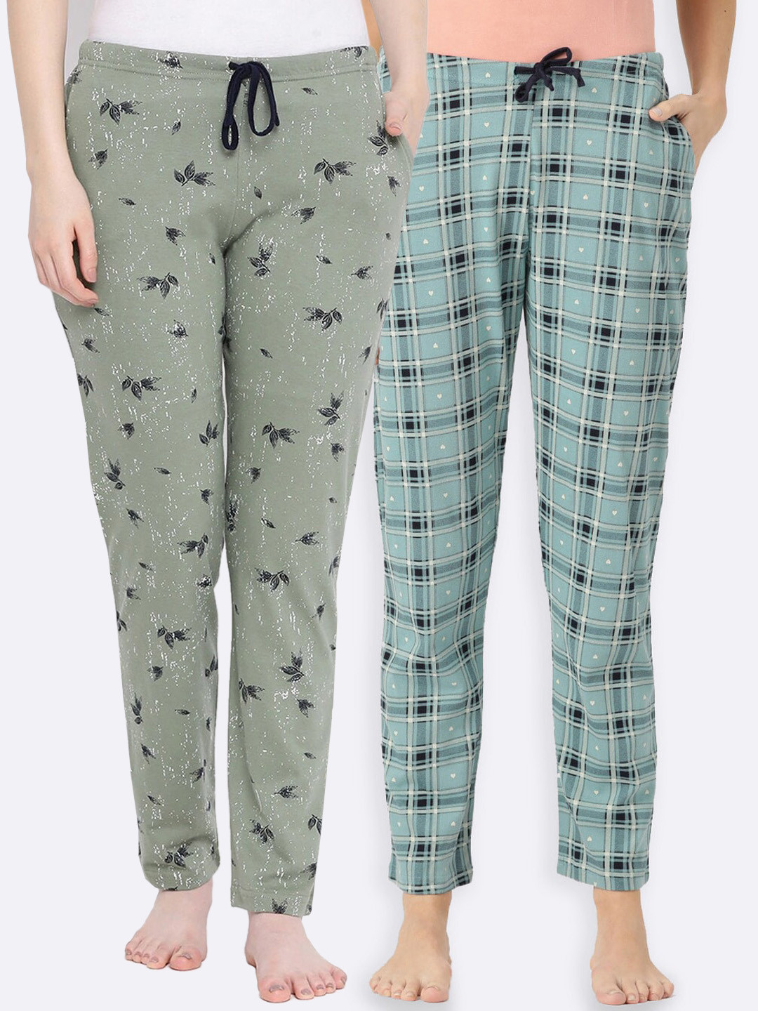 

Kanvin Women Pack of 2 Blue & Green Printed Cotton Lounge Pants