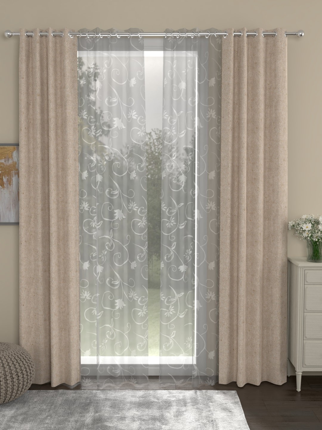 

ROSARA HOME Set of 4 Beige & Transparent Regular & Sheer Long Door Curtains
