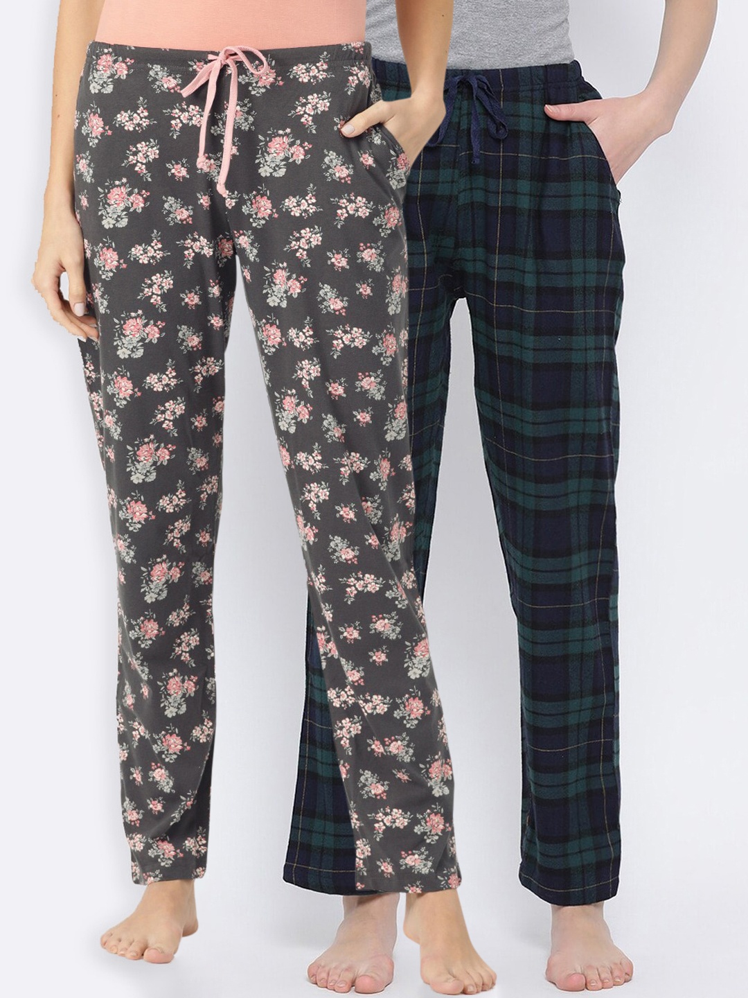 Kanvin Women Pack Of 2 Printed Lounge Pants, Charcoal