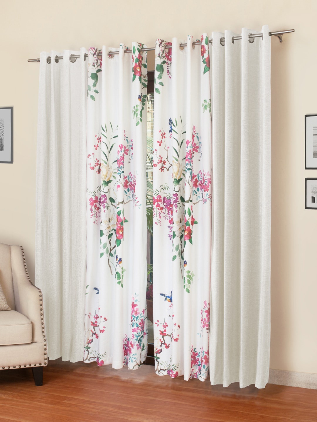 

ROSARA HOME White & Pink Set of 4 Regular & Sheer Long Door Curtains