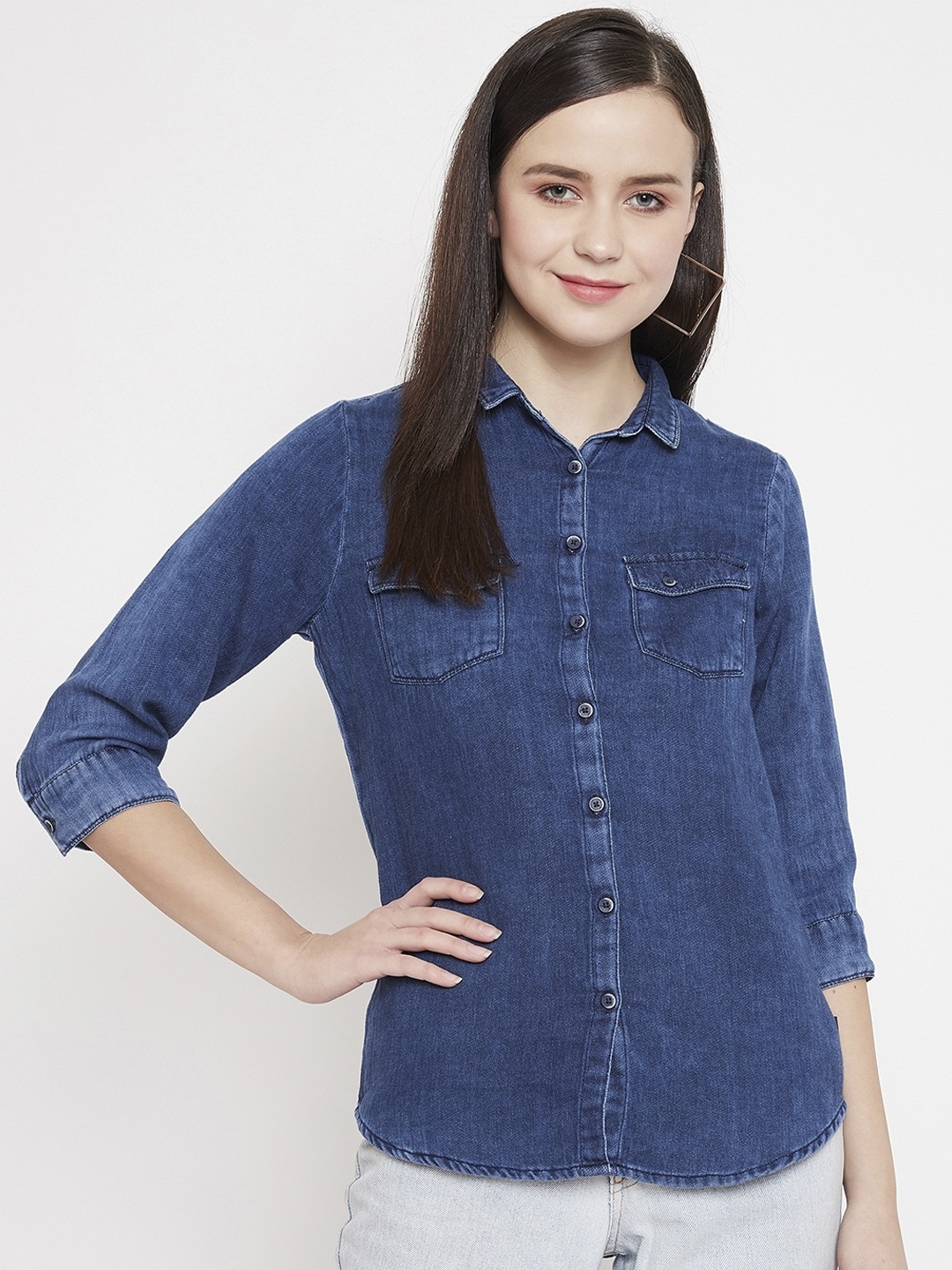 

Crimsoune Club Women Blue Slim Fit Solid Cotton Denim Casual Shirt