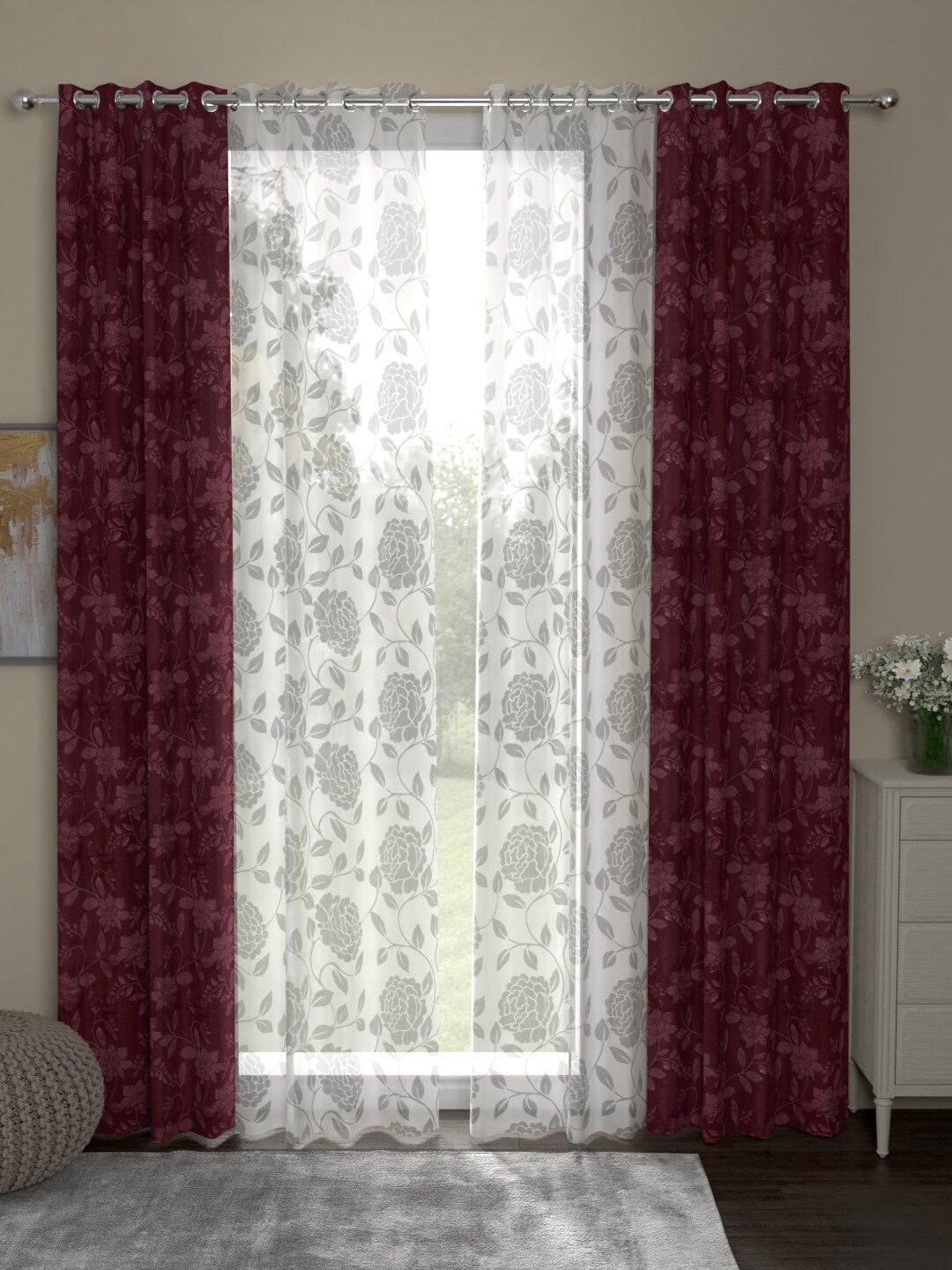 

ROSARA HOME Maroon & White Set of 4 Regular & Sheer Eyelet Long Door Curtains