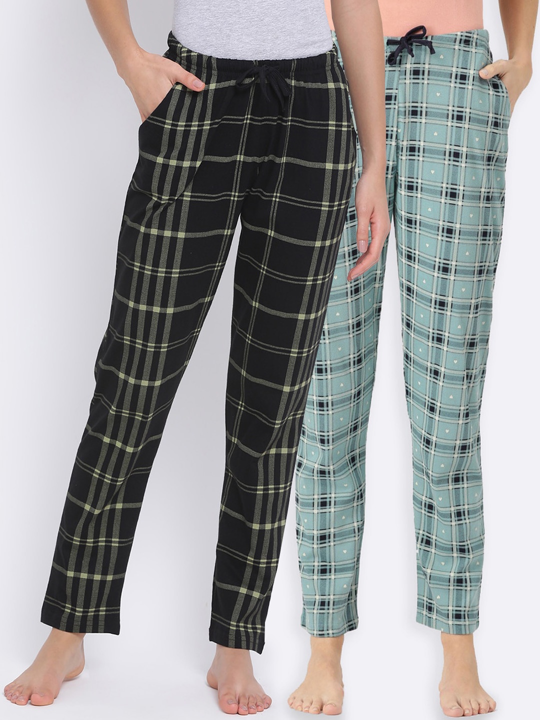 

Kanvin Women Pack of 2 Blue & Black Checked Cotton Lounge Pants PJ1030+PJ1102
