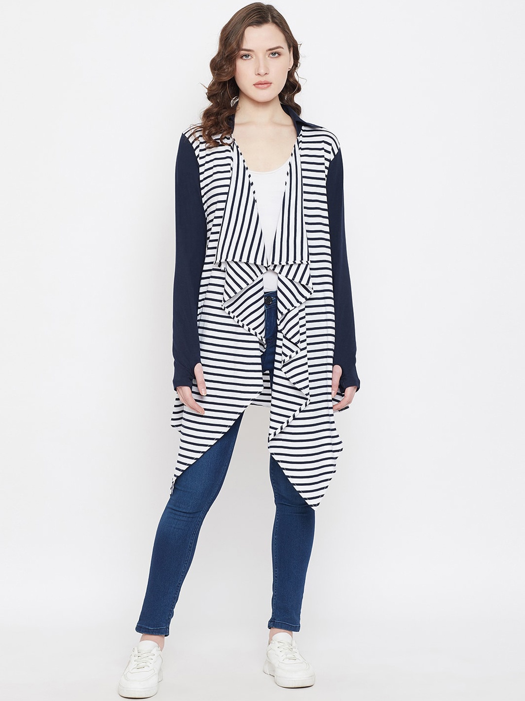 

Hypernation Women White & Black Striped Open Front Shrug