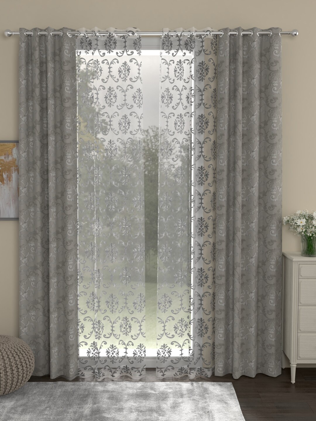 

ROSARA HOME Grey & Silver-Toned Set of 4 Long Door Curtains