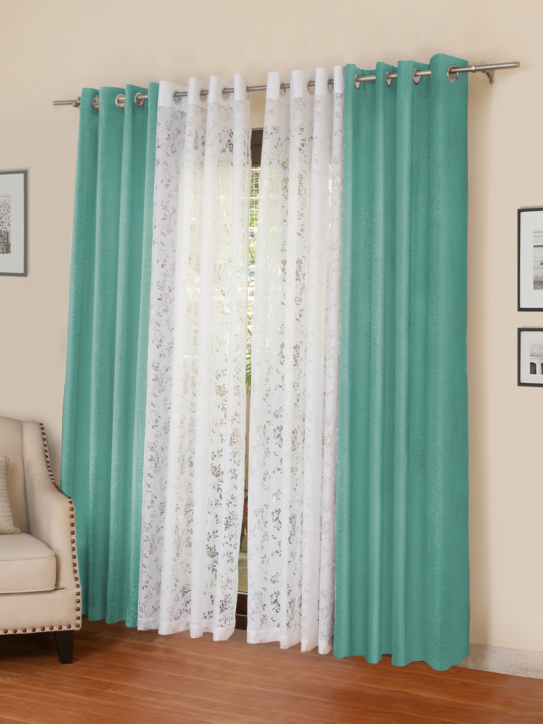 ROSARA HOME Turquoise Blue & White Set of 4 Regular and Sheer Long Door Curtains