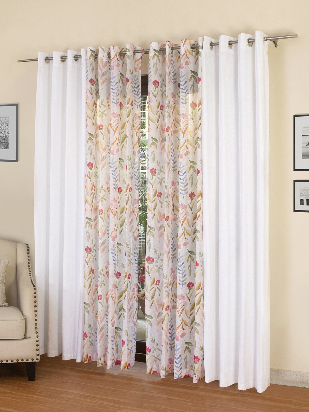

ROSARA HOME White & Pink Set of 4 Long Door Curtains