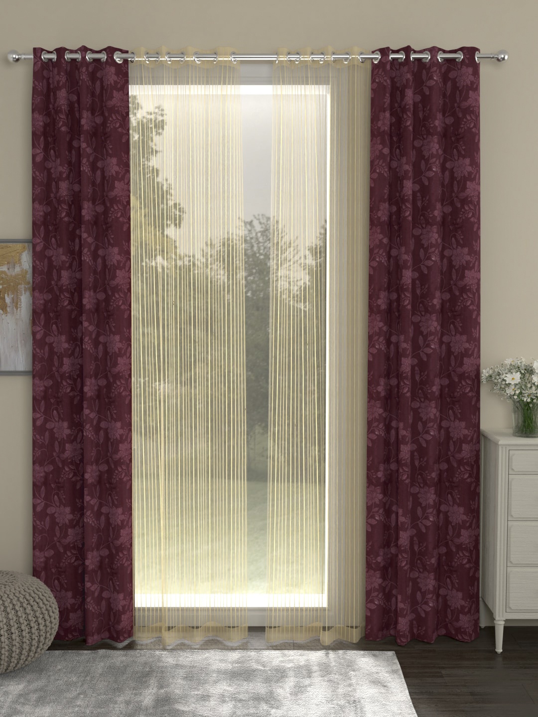 

ROSARA HOME Maroon & Transparent Set of 4 Regular & Sheer Long Door Curtains