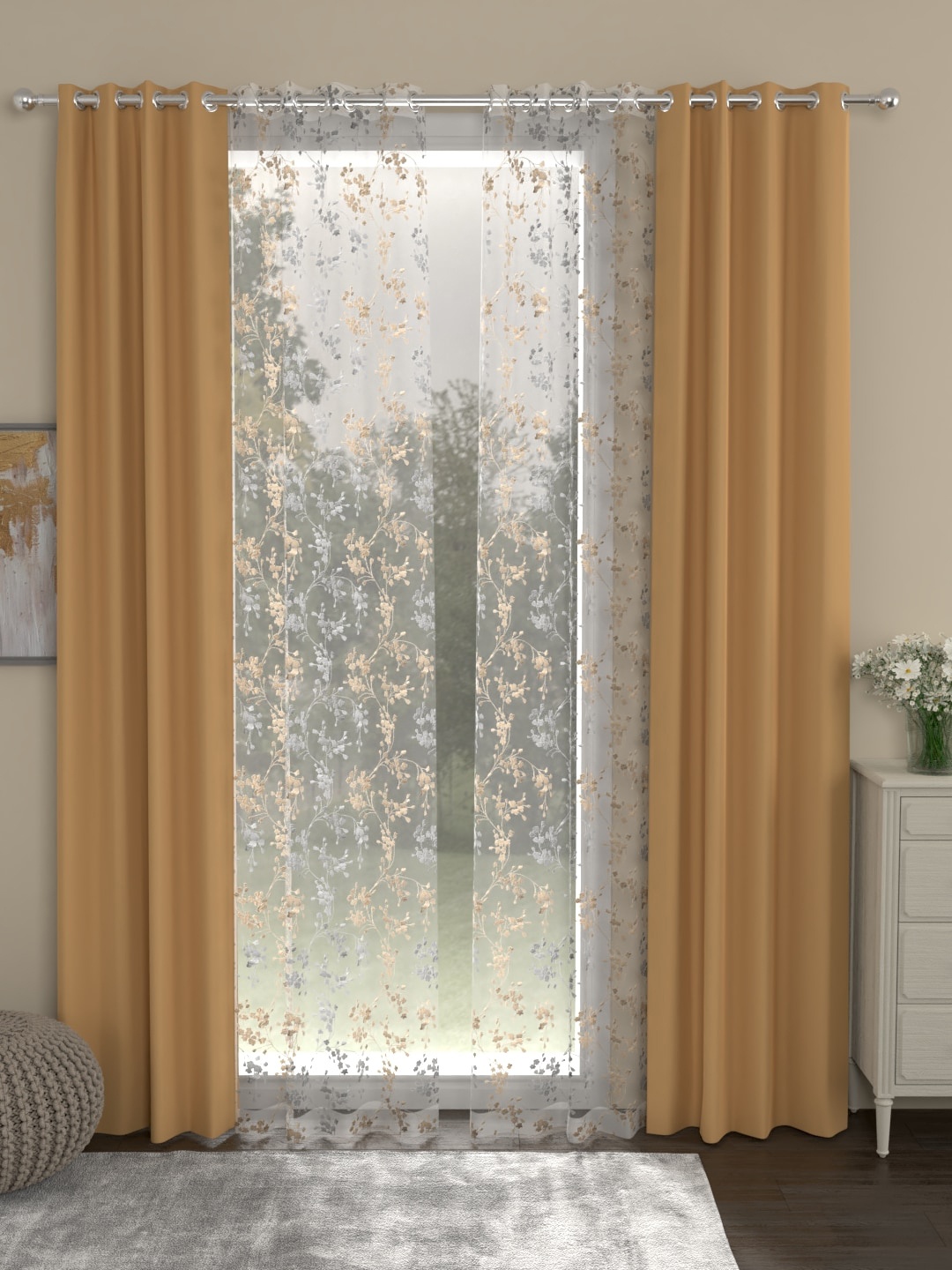 

ROSARA HOME Beige & White Set of 4 Long Door Curtains