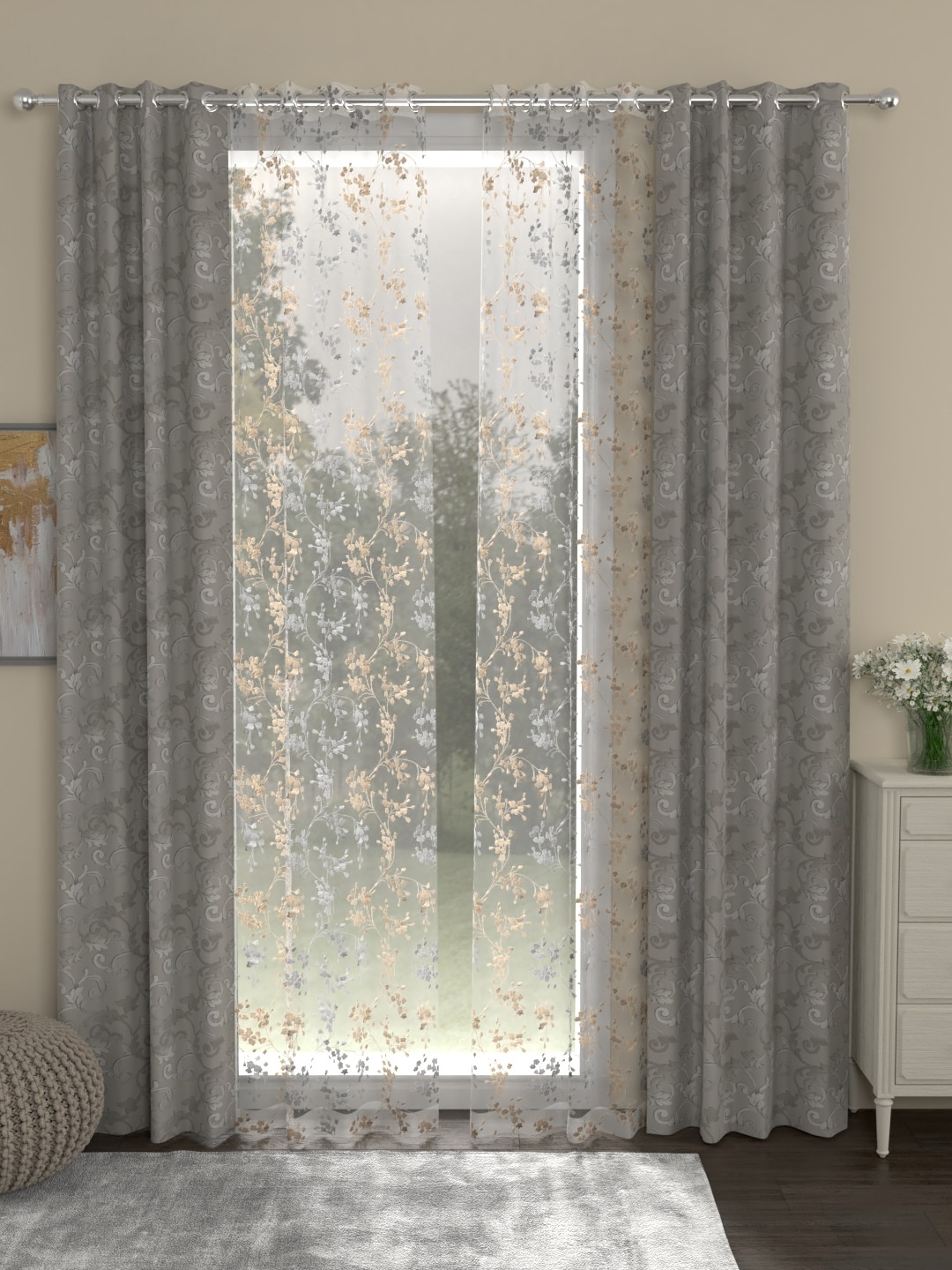 

ROSARA HOME Grey & Gold-Toned Set of 4 Long Door Curtains