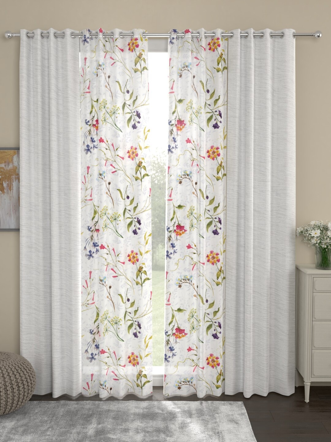 

ROSARA HOME White & Pink Set of 4 Regular and Sheer Long Door Curtains