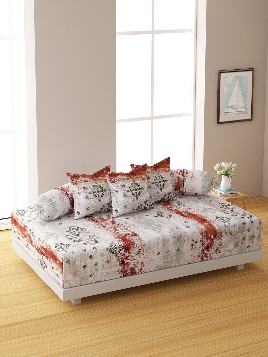 

SWAYAM Set Of 6 Rustic Red & Grey 160TC Cotton Diwan Set with Cushion & Bolster Covers, Beige