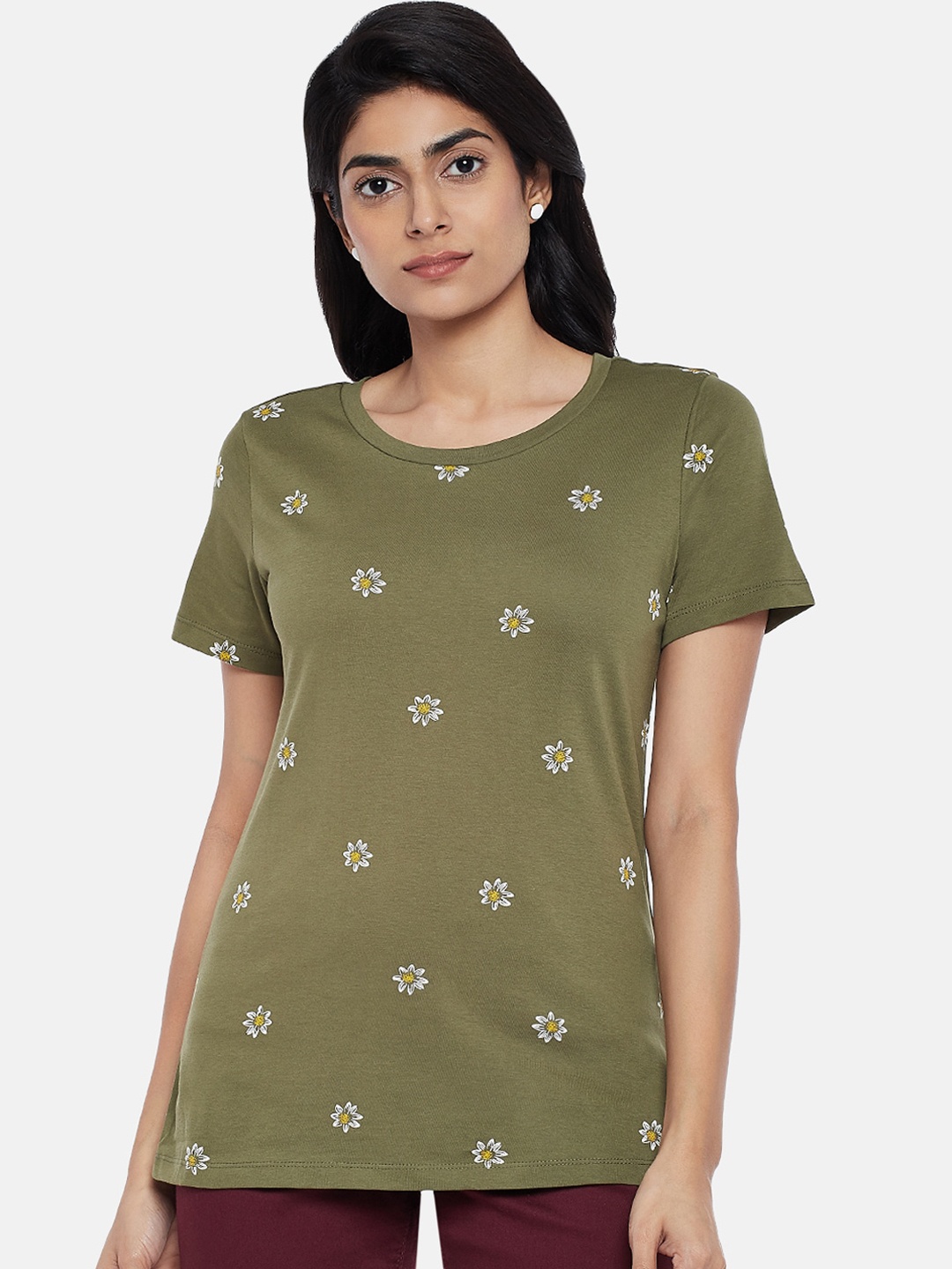 

Honey by Pantaloons Women Olive Green Printed Round Neck Cotton Pure Cotton T-shirt