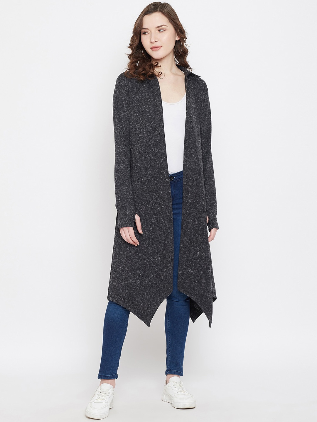 

Hypernation Women Charcoal Self Design Open Front Longline Shrug