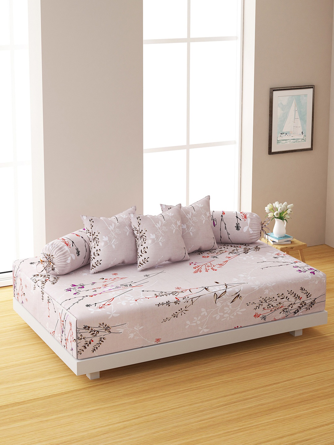 

SWAYAM Set Of 6 Beige & Brown Printed 144 TC Bedsheet With Bolster & Cushion Covers
