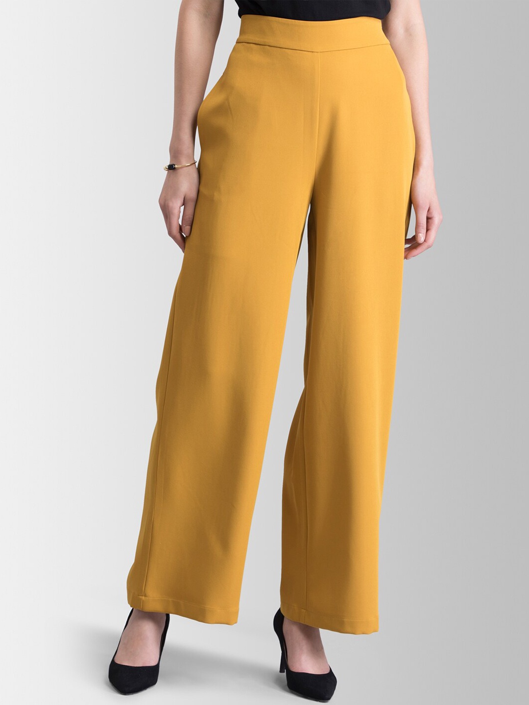 

FableStreet Women Mustard Straight Fit Solid Parallel Trousers