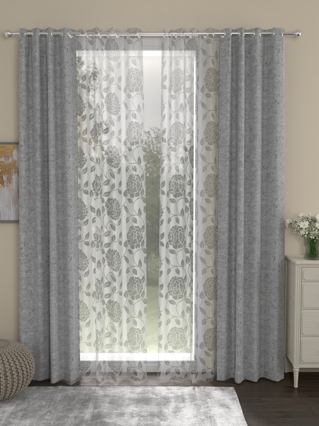

ROSARA HOME Set of 4 Grey & Transparent Regular & Sheer Long Door Curtains