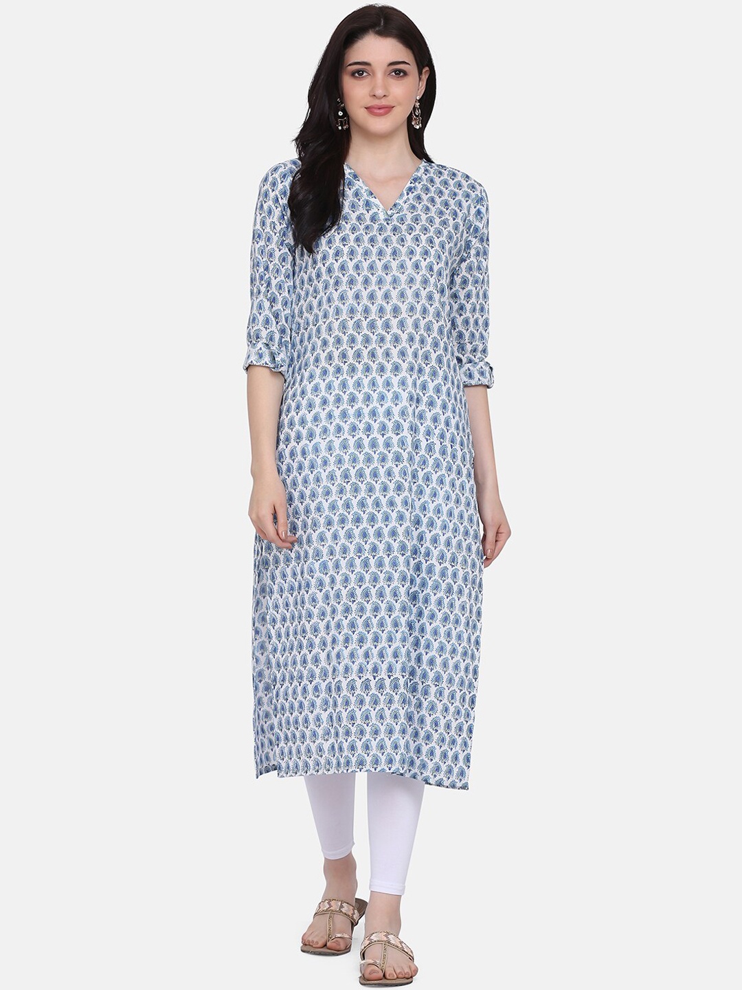 

Saanjh Women White & Blue Printed V-Neck Kurta