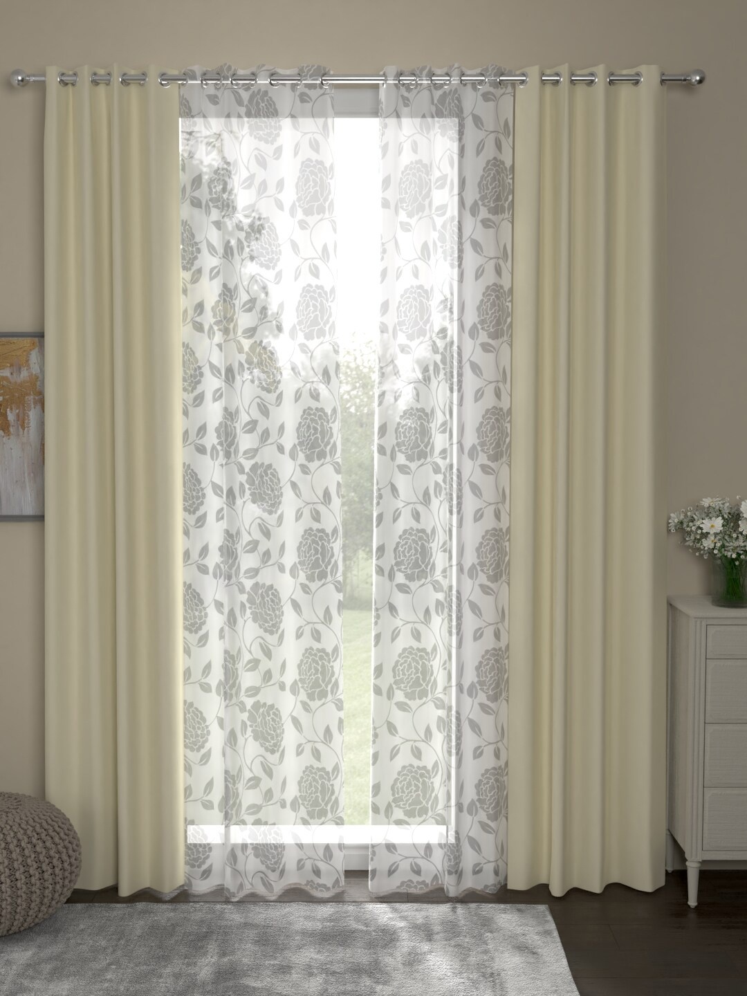 

ROSARA HOME Cream-Coloured & White Set of 4 Black Out and Sheer Curtains