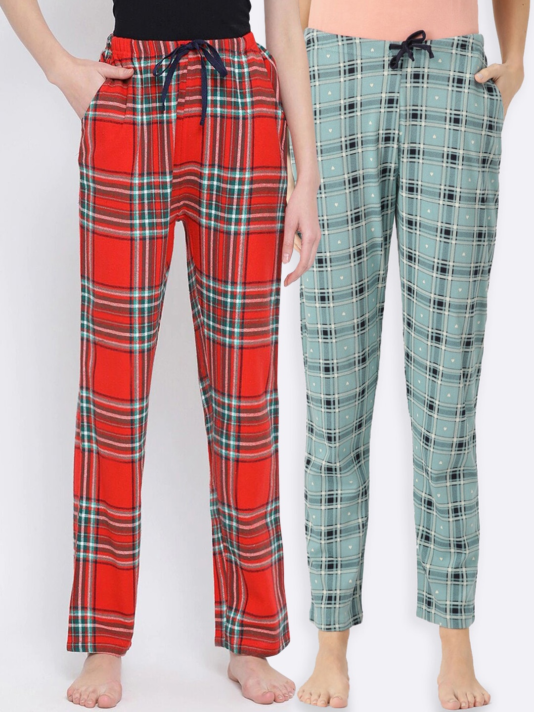 

Kanvin Women Pack of 2 Checked Cotton Lounge Pants, Teal