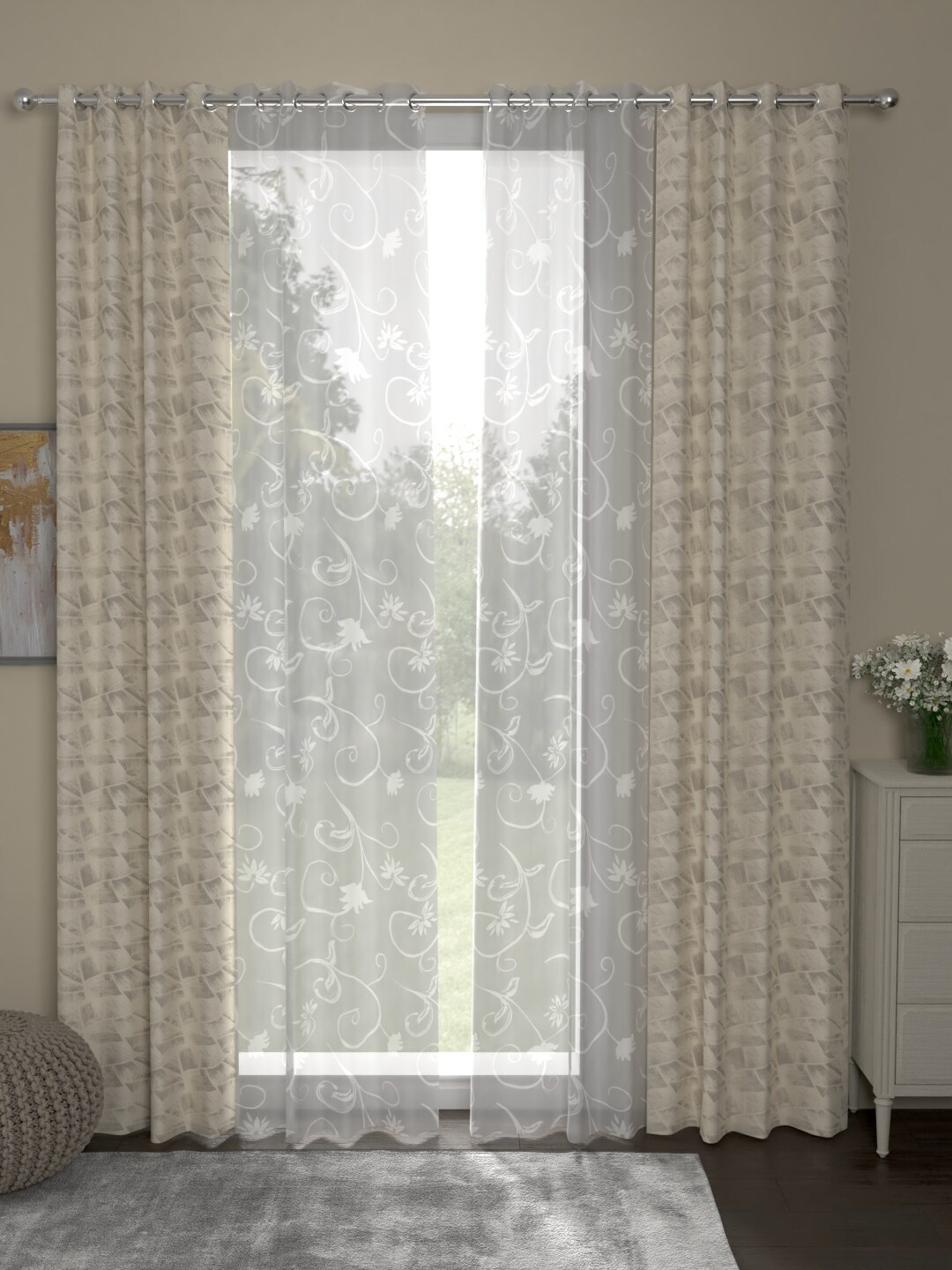 

ROSARA HOME Beige & Grey Set of 4 Jacquard Long Door Curtains