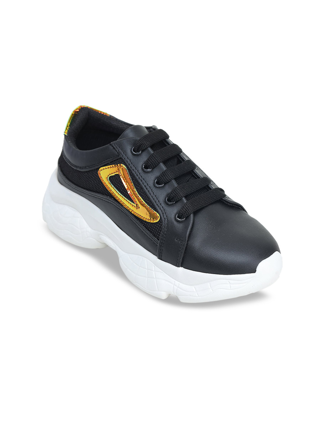

LONDON STEPS Women Black & Gold-Toned Colourblocked Memory Foam Lightweight Sneakers
