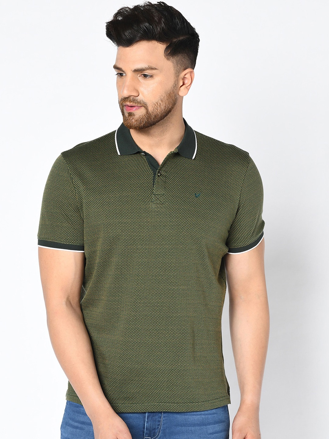 

Blackberrys Men Olive Green Self Design Polo Collar T-shirt