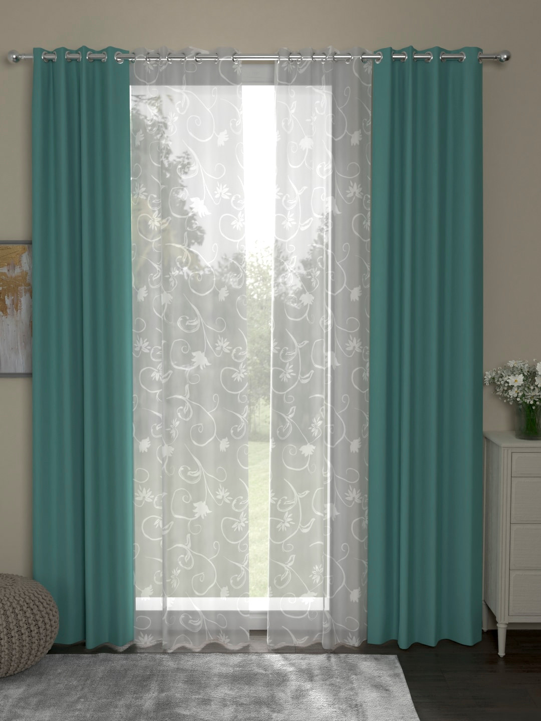 

ROSARA HOME Sea Green & White Set of 4 Black Out & Sheer Eyelet Long Door Curtains