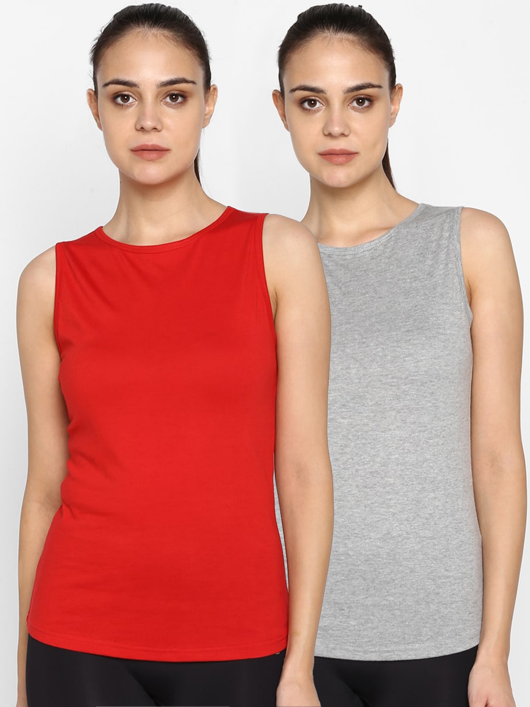 

appulse Women Pack of 2 Slim Fit Solid Round Neck T-shirts, Red