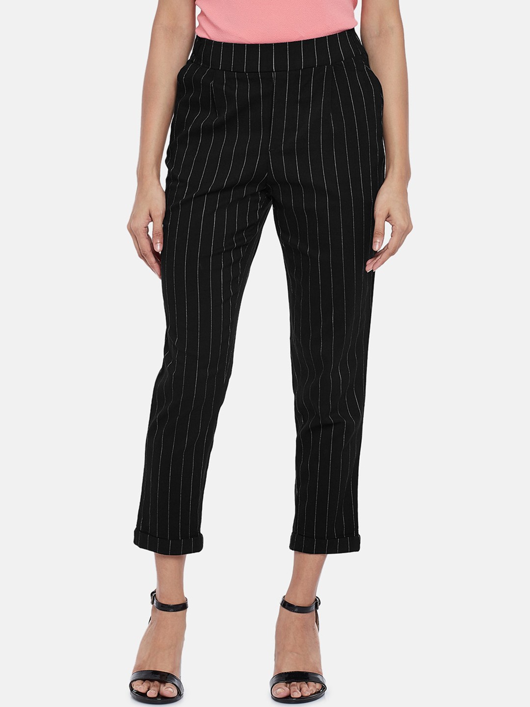 

Honey by Pantaloons Women Black & Grey Striped Regular Cropped Trousers